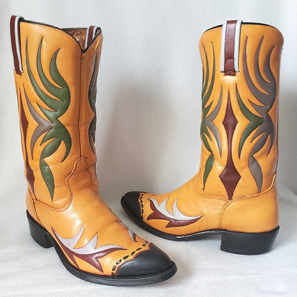 Vintage Shoes - Custom Vintage ACME Western Cowboy Boots Yellow Burgundy Black Green